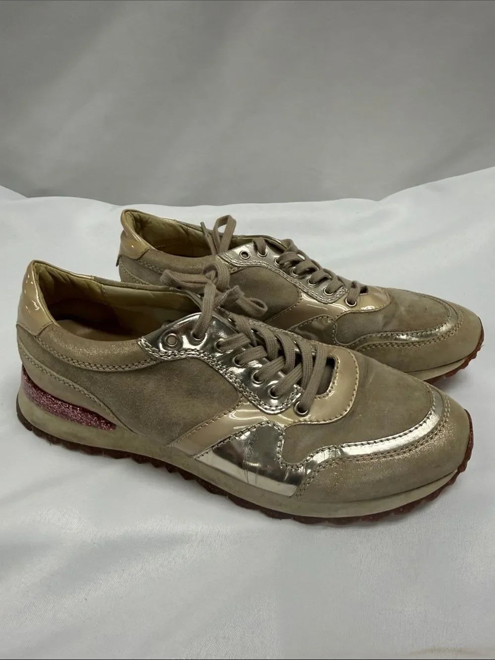 Taupe Suede and Metallic Accent Women's Sneakers